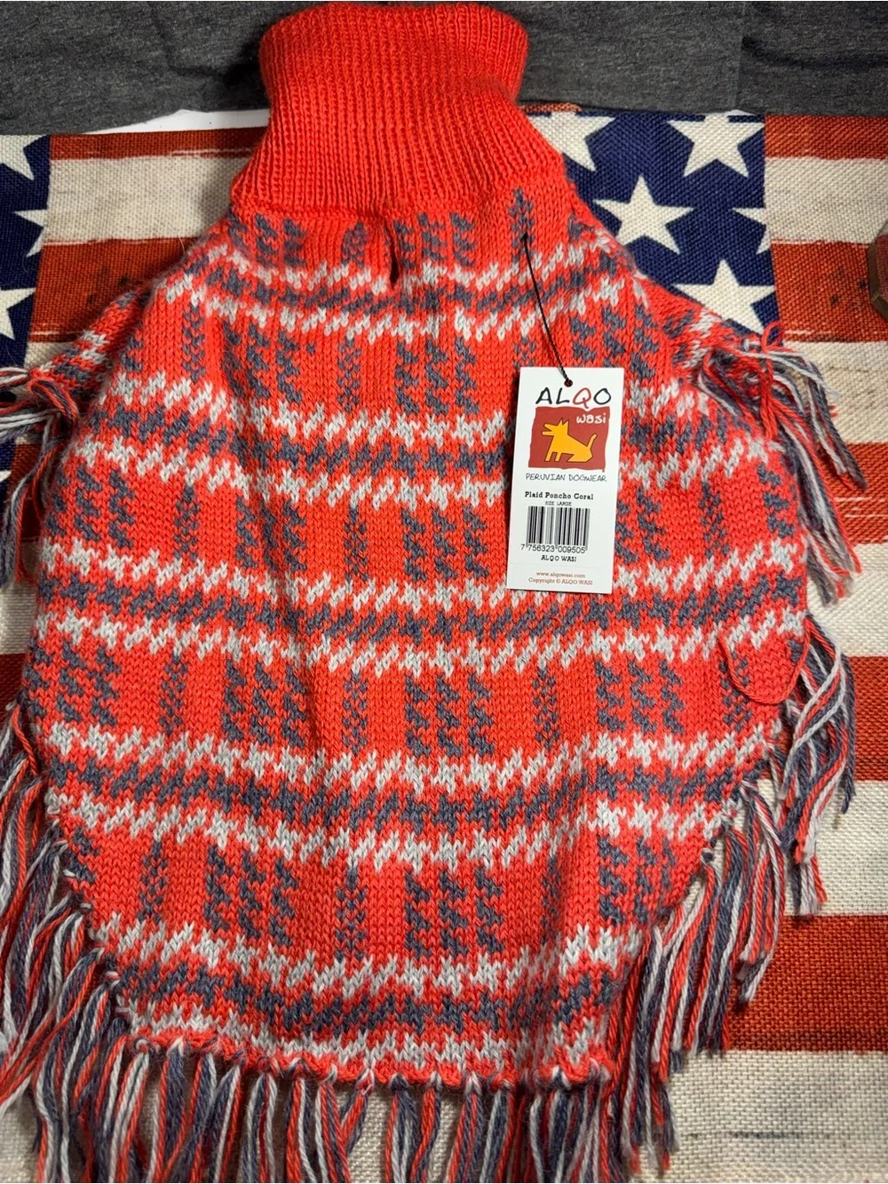 Red Plaid Knit Dog Poncho with Fringe